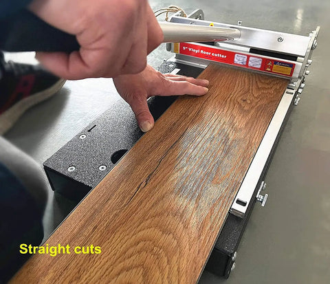 Eight Point Eight Inch Pro Vinyl Floor Cutter that cuts all vinyl types from LVP to SPC with a moveable blade for odd angles in use