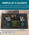 All In One Weather Station With Full Color LCD And Atomic Time Tracks Indoor And Outdoor Temperature Humidity With 330 Ft Wireless Sensor