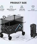 Heavy Duty Folding Wagon Cart With Brakes 39 Inch All Terrain Wheels Adjustable 150L To 300L Storage Capacity Up To 450 Lb Load For Camping Beach Garden And Shopping Hauls Groceries shown in measurements display with structured frame and wheels
