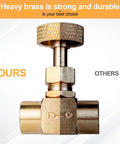Brass needle valve with knurled knob, front view; 1/4 in NPT female x 1/4 in NPT female connections, golden finish.