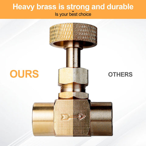 Brass needle valve with knurled knob, front view; 1/4 in NPT female x 1/4 in NPT female connections, golden finish.