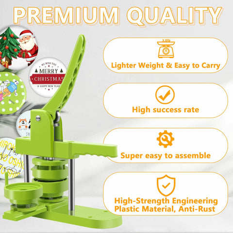 Ultimate Button Maker Machine Kit With Adjustable 2 Inch And 1.25 Inch Dies For Dope DIY Crafts showing lightweight green press tool.