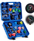 Workhorse 33 Piece Coolant Pressure Tester Kit Featuring Master Vacuum Refill Pump And 23 Adapters in blue carrying case with gauges and accessories.