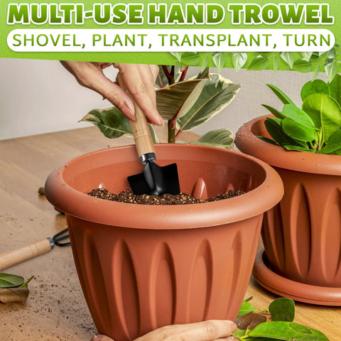 Mini 3 Piece Garden Tool Set With Trowel Shovel And Hand Rake For Indoor Plants Rust Resistant Iron And Solid Wood Handles Focus on hand trowel