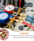 Rig Ready Shop Grade 6015 R134a Refrigerant Tank Adapter Paired With 6014 Vacuum Pump Connector Set Featuring Heavy Duty Brass Fittings for fast auto AC repairs, showcasing gauges and fittings.