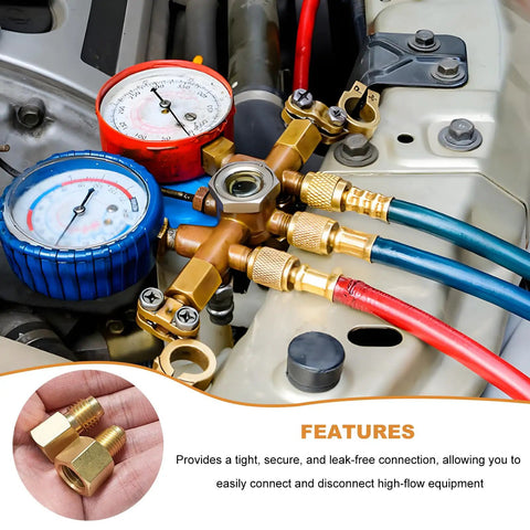 Rig Ready Shop Grade 6015 R134a Refrigerant Tank Adapter Paired With 6014 Vacuum Pump Connector Set Featuring Heavy Duty Brass Fittings for fast auto AC repairs, showcasing gauges and fittings.