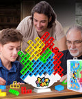 Family enjoying the 48 Piece Stack Up Tower Game For Adults And Kids Chill Family Game Night Balance Building Blocks indoor play.