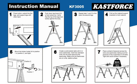 Instruction manual for Built Tough Heavy Duty Folding Sawhorses Twin Pack, 2200 lb Capacity Each, setup guide images.