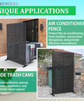 Six Foot Outdoor Metal Privacy Screen Freestanding Privacy Fence Room Divider For Patio Garden Balcony Durable Weather Resistant Steel With Stand Built To Last And Easy To Install Perfect For Creating Private Outdoor Spaces shown protecting an air conditioner and hiding trash cans.