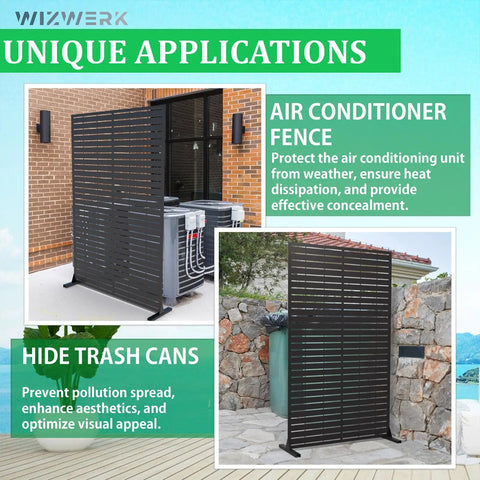 Six Foot Outdoor Metal Privacy Screen Freestanding Privacy Fence Room Divider For Patio Garden Balcony Durable Weather Resistant Steel With Stand Built To Last And Easy To Install Perfect For Creating Private Outdoor Spaces shown protecting an air conditioner and hiding trash cans.