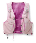 Front view of Pinnacle Pro 6L Women's Hydration Vest With Second Skin Fit In Light Pink Fuchsia, showcasing pockets and adjusters.