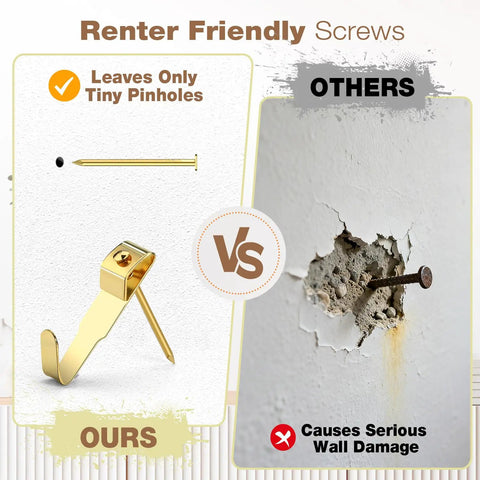 Comparison of renter friendly screws versus damaging ones, highlighting the Killer 322 Piece Picture Hanging Hardware Kit.