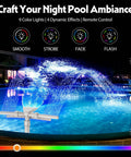 Solar Pool Fountain With 9 Color LED Lights And Dual Head Adjustable Waterfall at night with dynamic light effects in a pool