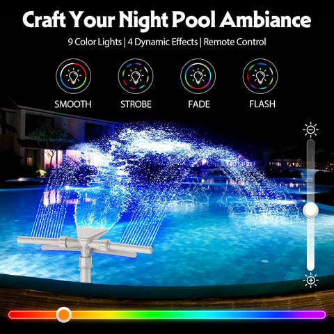 Solar Pool Fountain With 9 Color LED Lights And Dual Head Adjustable Waterfall at night with dynamic light effects in a pool