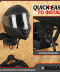 Wall Mount Helmet Rack With Gloves Tray For Motorcycle And Dirt Bike Gear, Sturdy Holder on wood wall with helmet and gloves.