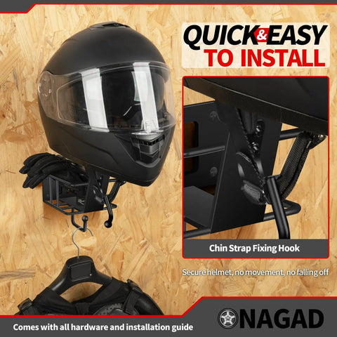Wall Mount Helmet Rack With Gloves Tray For Motorcycle And Dirt Bike Gear, Sturdy Holder on wood wall with helmet and gloves.