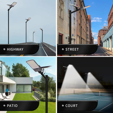 Crazy Bright 300W Solar Street Light 24000 Lumens Daylight 6500K LED Outdoor Flood Light illuminating highway, street, patio, court