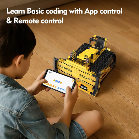 Child using a tablet to control a yellow excavator from the 5 In 1 STEM Building Kit With Remote Control Excavator 555-Piece Engineering Toy For Kids Ages 6 To 14 DIY Robotics And Science Gift For Boys And Girls.