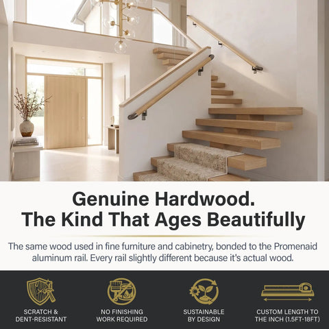 Modern staircase with Oak Wood Wrapped Aluminum Core Handrail Kit For Indoor Stairs 3 Feet Long With 1.6 Inch Round Railing TrueWood Look ADA Compliant Includes Two Matte Nickel Pivoting Brackets And ADA Wall Returns Modern Durable Home Stair Rail