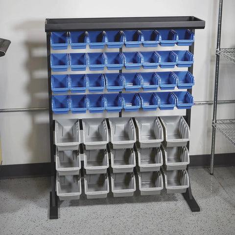 Heavy Duty Garage Organization Workhorse Storage Rack With Powder Coated Steel Rails And Hella Sturdy 47 Super Polypropylene Bins Ideal For Shop Hardware Tools