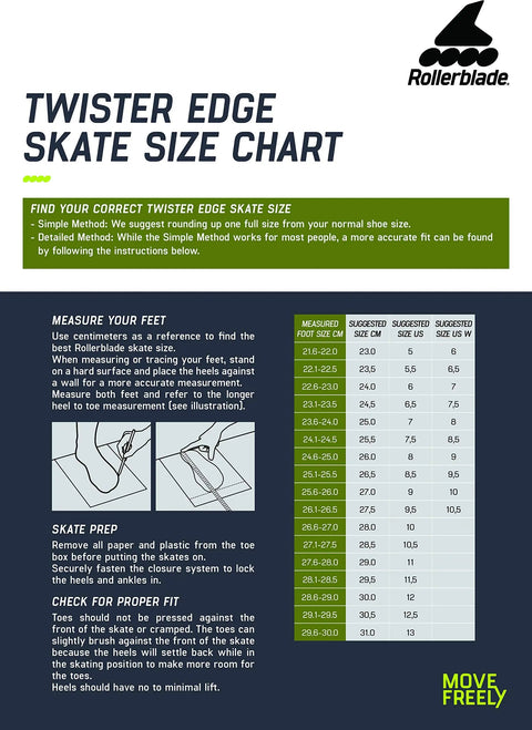 Size chart for Twister XT Women's Fitness Inline Skates describing foot measurement and preparation instructions.