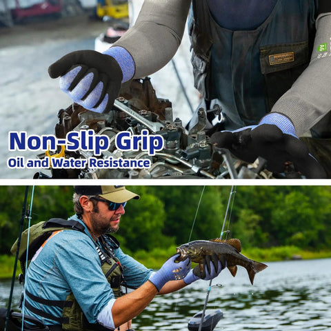 Air Skin A4 Ultra Thin Cut Resistant Work Gloves with snug fit and lightweight grip, shown used for fishing and mechanical tasks.