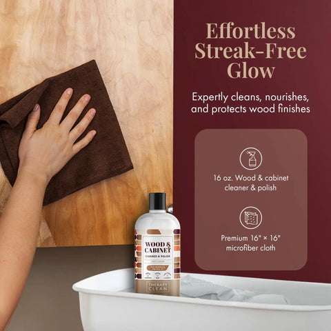 No Sweat Wood Cleaner And Polish For Cabinet And Table Restorer nails that glossy finish with 16 oz bottle and microfiber cloth.