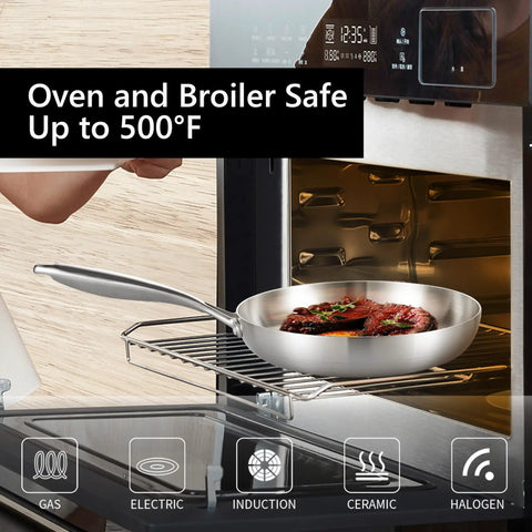 12 Inch Tri Ply Stainless Steel Pan No PFOA Or PTFE For Even Heat Quick Preheat Skillet in oven with meat, oven-safe