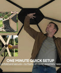 No Tool Setup 10 X 11 Ft Pop Up Gazebo Screen Tent Portable Instant Canopy Sun Shelter shown being set up with no tools required.