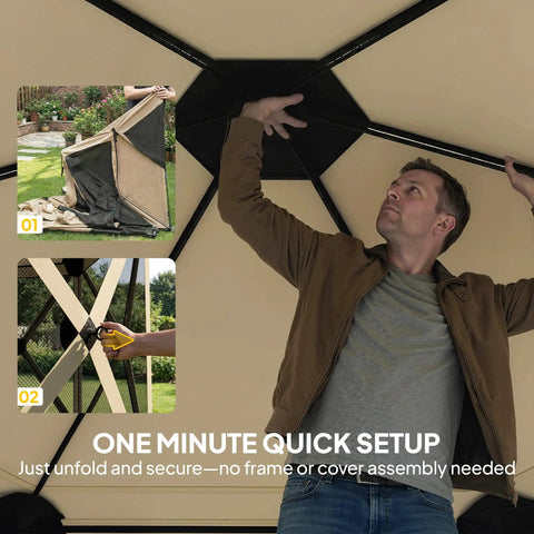 No Tool Setup 10 X 11 Ft Pop Up Gazebo Screen Tent Portable Instant Canopy Sun Shelter shown being set up with no tools required.