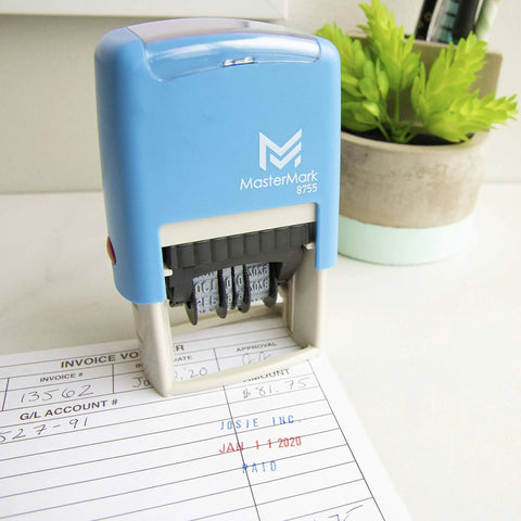 No Mess Self Inking Custom Stamp Kit With Dual Shade Blue And Red Ink Pads and Handy Tweezers on an invoice document.