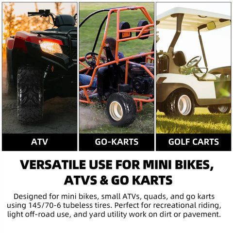 145/70-6 Tubeless Tire For ATV And Go Kart Mini Bikes, 4 Ply Load Up To 165 Lbs At 24 PSI, shown on ATV, go-kart, golf cart