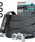 Garden hose 50ft by SUTREKY, front view with braided gray hose and metal nozzle, three washers shown