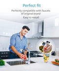 Man using Faucet Water Filter Cartridge For DuPont FMC303X Replacement, 200 Gallon, 3 Pack in kitchen for fresh water.