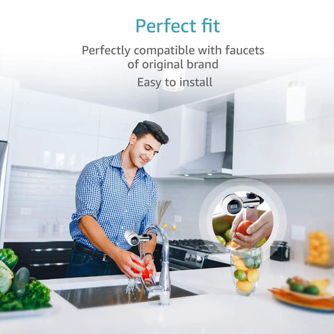 Man using Faucet Water Filter Cartridge For DuPont FMC303X Replacement, 200 Gallon, 3 Pack in kitchen for fresh water.