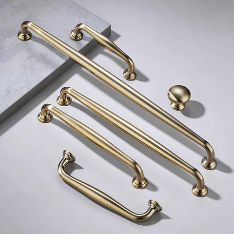 10 Pack Cabinet Knobs In Champagne Bronze Heavy Duty Zinc Alloy Hardware Handles For Kitchen Cabinets Bedrooms Dressers And Wardrobes Easy Install Durable Finish Classic Look For Any Home, shown with varying handle sizes on gray surface.