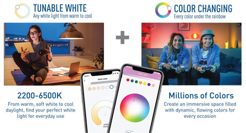 Smart A21 LED Bulb 100W Equivalent Tunable White To Color Changing Works With Alexa And Google Home No Hub Needed Bluetooth And 2.4 GHz WiFi 1 Pack Voice Controlled Mood Lighting For Home, showing tunable white and color modes, with images of smart home users and mobile app interface.