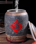 Kick Up Your Pantry Vibes With This Beautiful Patterned Ceramic Rice Jar Wooden Base Grain Flour Snack Storage Container Keep Your Dry Goods Fresh As Can Be, showcasing ceramic rice jar with intricate design and wooden base.