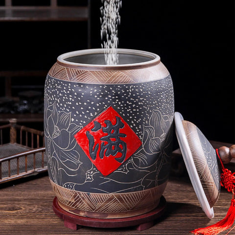 Kick Up Your Pantry Vibes With This Beautiful Patterned Ceramic Rice Jar Wooden Base Grain Flour Snack Storage Container Keep Your Dry Goods Fresh As Can Be, showcasing ceramic rice jar with intricate design and wooden base.