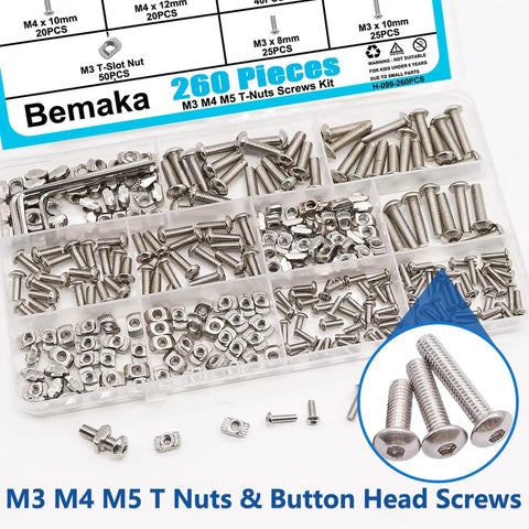 260Pcs M3 M4 M5 T Slot Nuts and Button Head Screws Kit for 2020 Aluminum Extrusion Profile Nickel Plated Carbon Steel