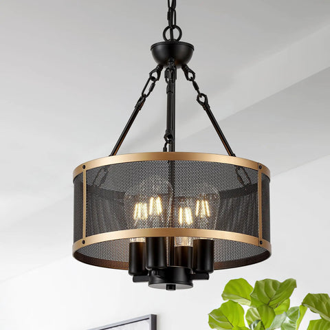 13.8-Inch Modern Semi Flush Mount Chandelier With Dope Black And Gold Mesh Drum, 2-Light Industrial Vintage Ceiling Light Fixture
