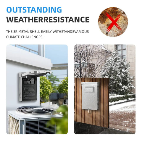Heavy Duty Outdoor AC Disconnect Switch 30 Amp Pull Out Breaker For 120 240VAC Systems With UL Listing mounted outdoors in rain and snow.