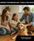 Family enjoying time with a dog indoors, highlighting safe, low odor environment suitable for Colonial Dark Brown Water Based Wood Stain.