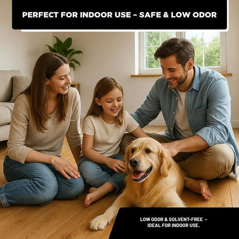 Family enjoying time with a dog indoors, highlighting safe, low odor environment suitable for Colonial Dark Brown Water Based Wood Stain.