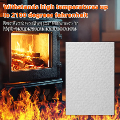 Light gray gasket sheet, 7 x 10 inches, ceramic fiber gasket material, shown beside a burning wood stove.
