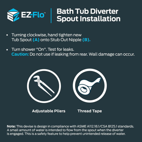 Installation guide for Five And Three Eighths Inch Nose Diverter Tub Spout With One Half Inch IPS Connection In Chrome Finish.
