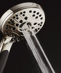 Boss-Level High Pressure 6-Setting Handheld Shower Head With 6-Foot Stainless Hose, Anti Clog Rub-Clean Jets in use, close-up view