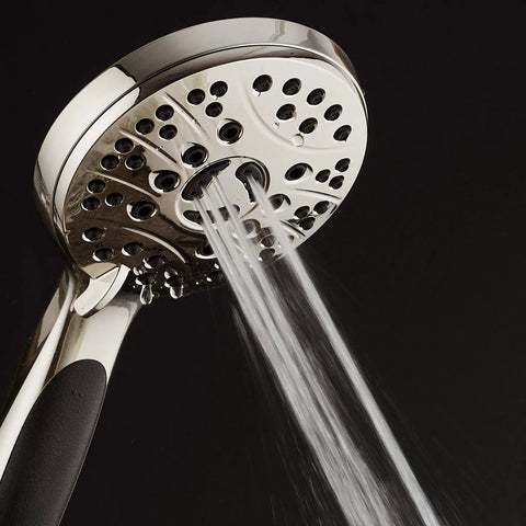 Boss-Level High Pressure 6-Setting Handheld Shower Head With 6-Foot Stainless Hose, Anti Clog Rub-Clean Jets in use, close-up view