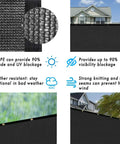 Privacy Screen For Fences 6 Ft By 50 Ft Heavy Duty Shade Cover With Brass Grommets Black Outdoor Back Yard Customizable Weather Resistant HDPE For Superior Privacy And UV Sun Shield Built Tough To Last, showcasing features like shade, UV blockage, and weather resistance.