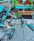 10 Piece Heavy Duty Stainless Steel Garden Tool Set With Ergonomic Rubber Handles displayed with tote bag on garden surface